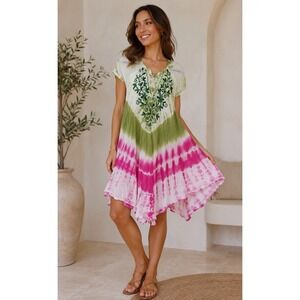 Boho Tie-Dye Embroidered Swing Dress – Green & Pink Flowy Summer Tunic Dress